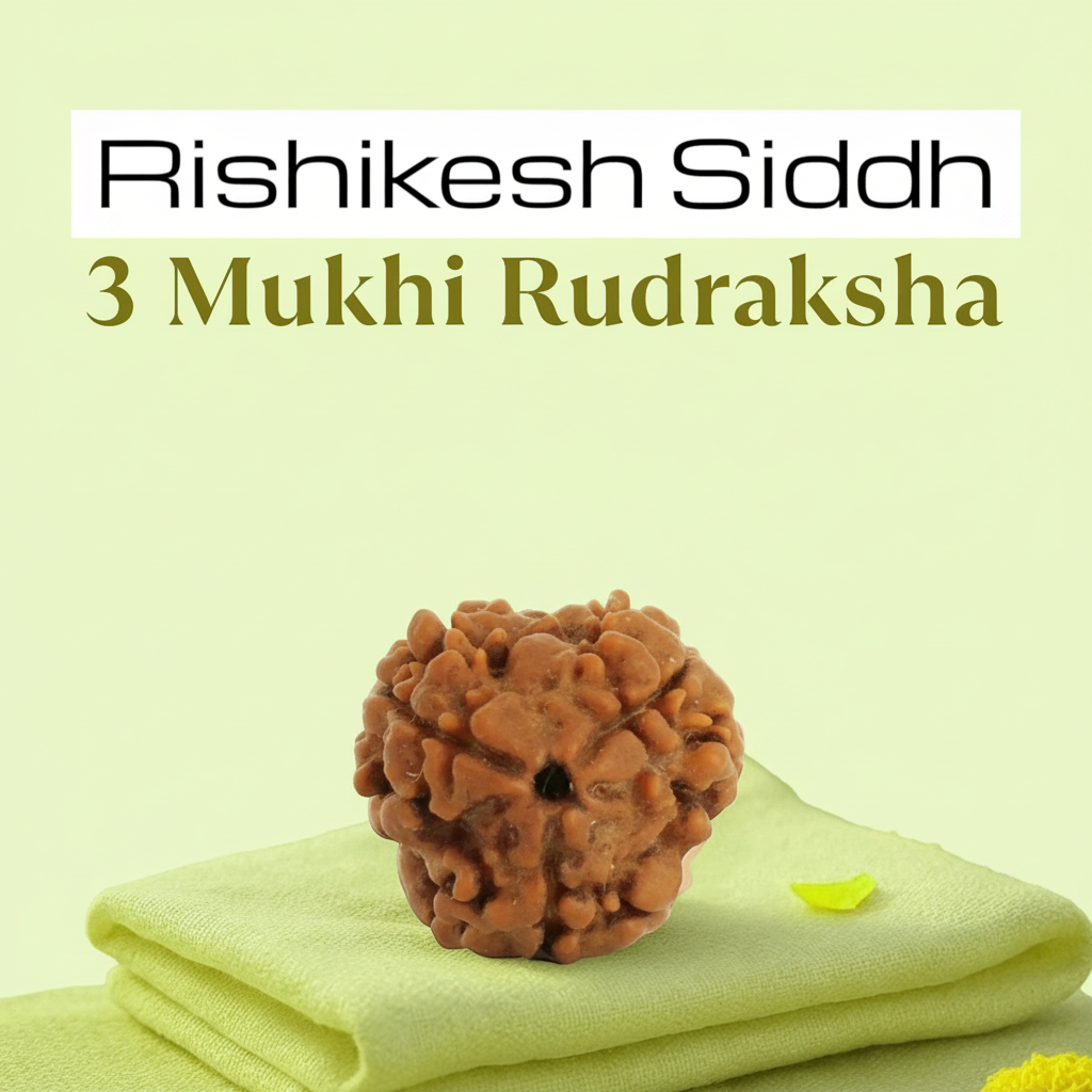 VASTUKOSHA 3 Mukhi Rudraksha bead from Nepal, featuring a natural brown textured surface for spiritual practice.