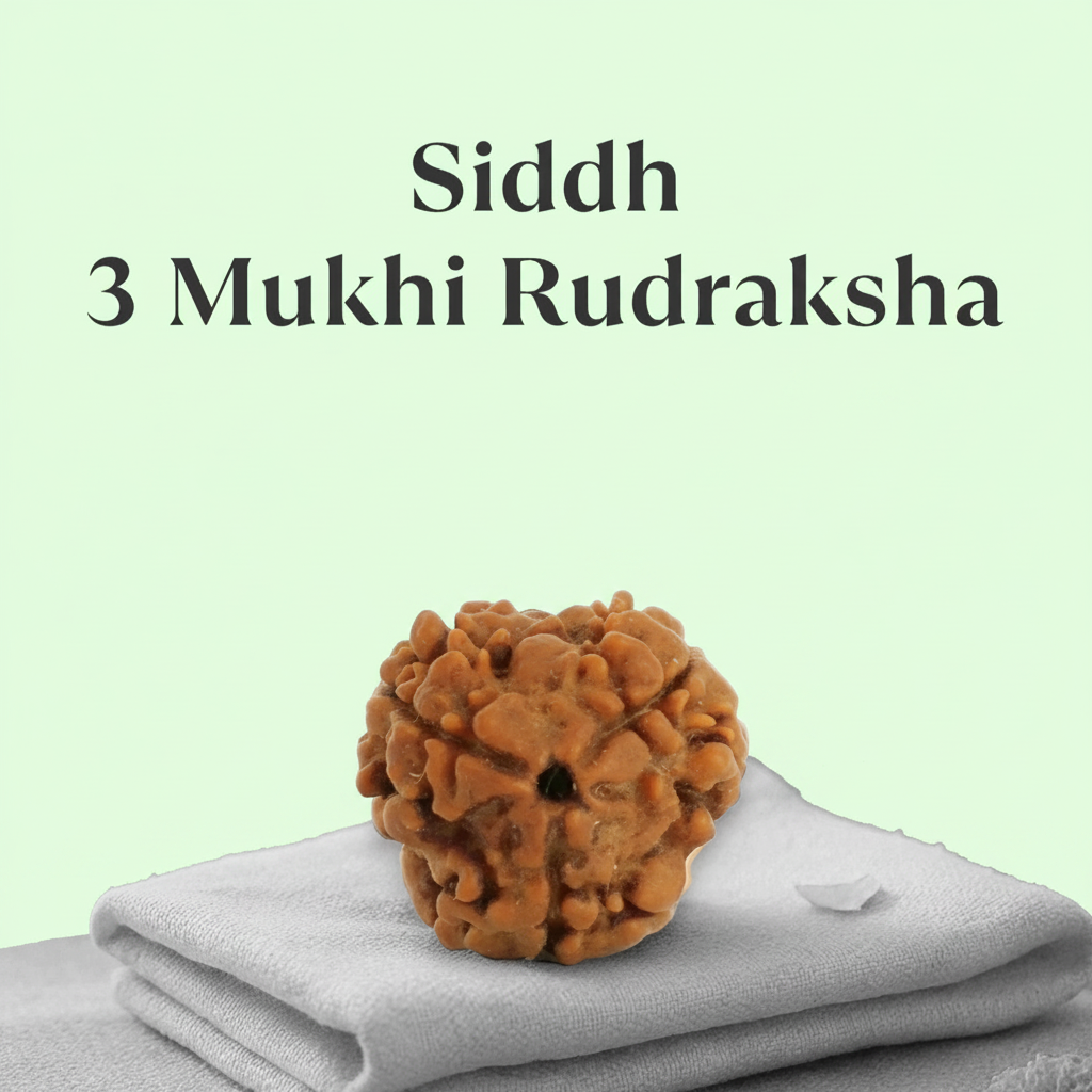 VASTUKOSHA Siddh 3 Mukhi Rudraksha bead from Nepal, featuring natural texture and sacred spiritual significance.
