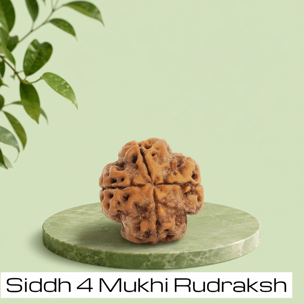 VASTUKOSHA 4 Mukhi Nepal origin Rudraksha bead on a green marble pedestal with natural leaf accents