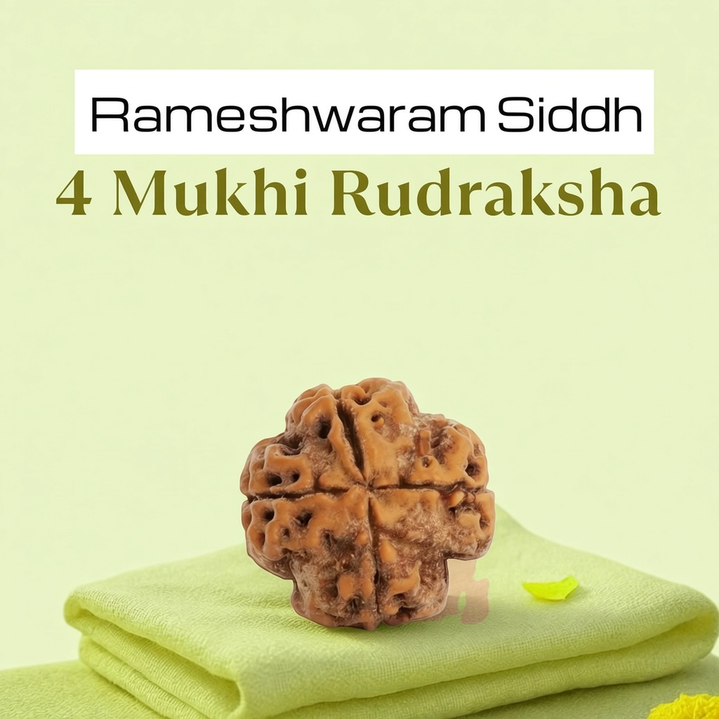 VASTUKOSHA Rameshwaram Siddh 4 Mukhi Nepal Rudraksha bead with natural brown texture on a soft green cloth background.