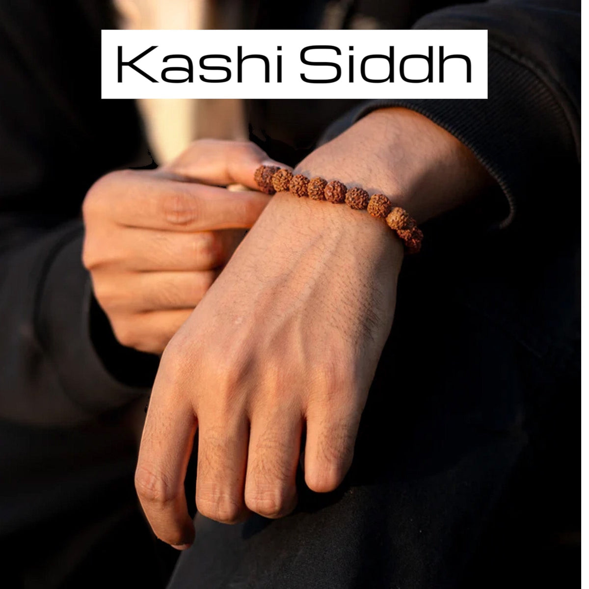 VASTUKOSHA 5 Mukhi Rudraksha bead bracelet worn on a wrist, representing divine blessings and spiritual protection.