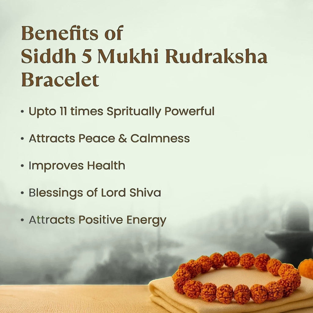 VASTUKOSHA Siddh 5 Mukhi Rudraksha bracelet on a yellow cloth with a list of spiritual benefits in the background.