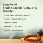 VASTUKOSHA Siddh 5 Mukhi Rudraksha bracelet on a yellow cloth with a list of spiritual benefits in the background.