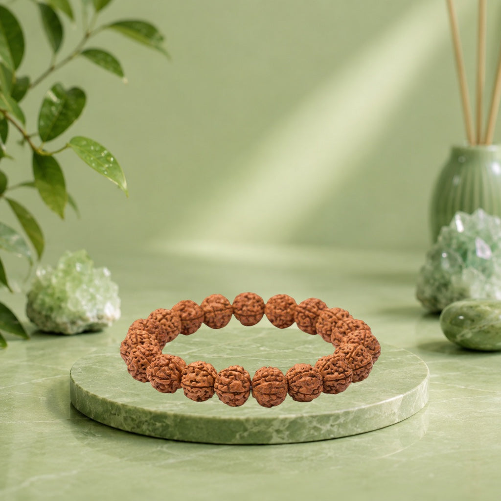 VASTUKOSHA 5 Mukhi Rudraksha bead bracelet from Nepal, blessed at Kedareshwar Mahadev Mandir for peace and protection.