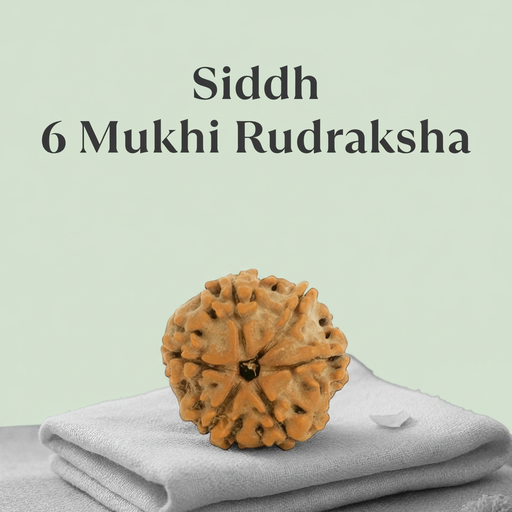 VASTUKOSHA Siddh 6 Mukhi Nepal origin Rudraksha bead with natural deep-grooved texture resting on a soft grey cloth.