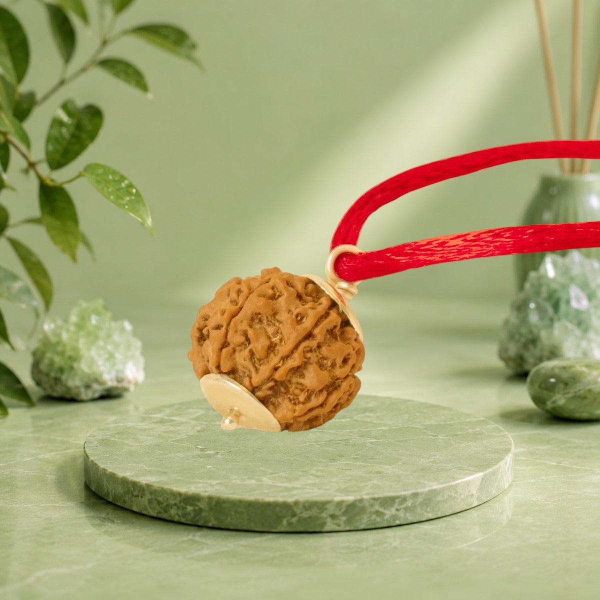 VASTUKOSHA 6 Mukhi Nepal origin Rudraksha bead on a red cord, displayed on a green marble pedestal.