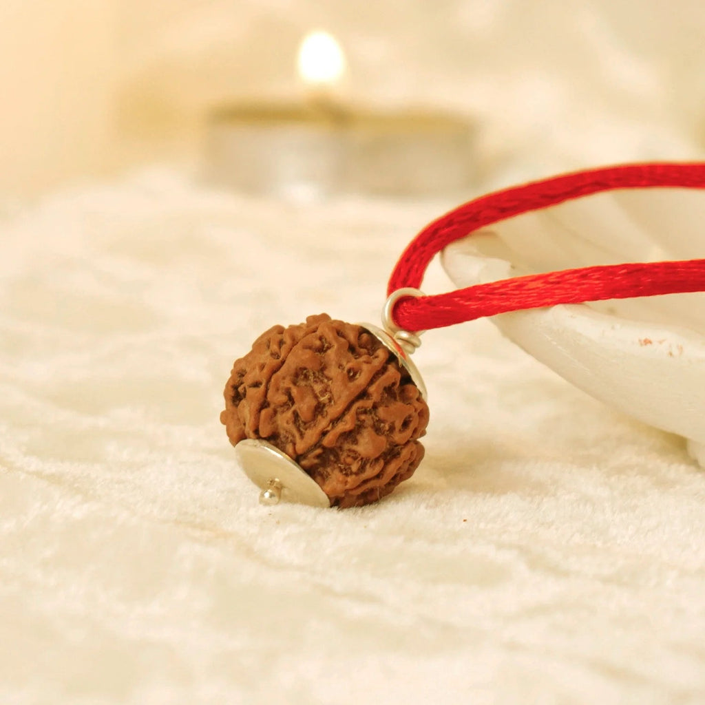 VASTUKOSHA 6 Mukhi Rudraksha bead pendant on a red thread, featuring natural brown texture and silver cap detail.