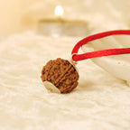 VASTUKOSHA 6 Mukhi Rudraksha bead pendant on a red thread, featuring natural brown texture and silver cap detail.
