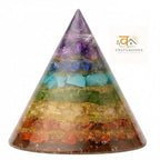 VASTUKOSHA 7 chakra conical pyramid featuring layered healing crystals for spiritual balance and energy grounding.