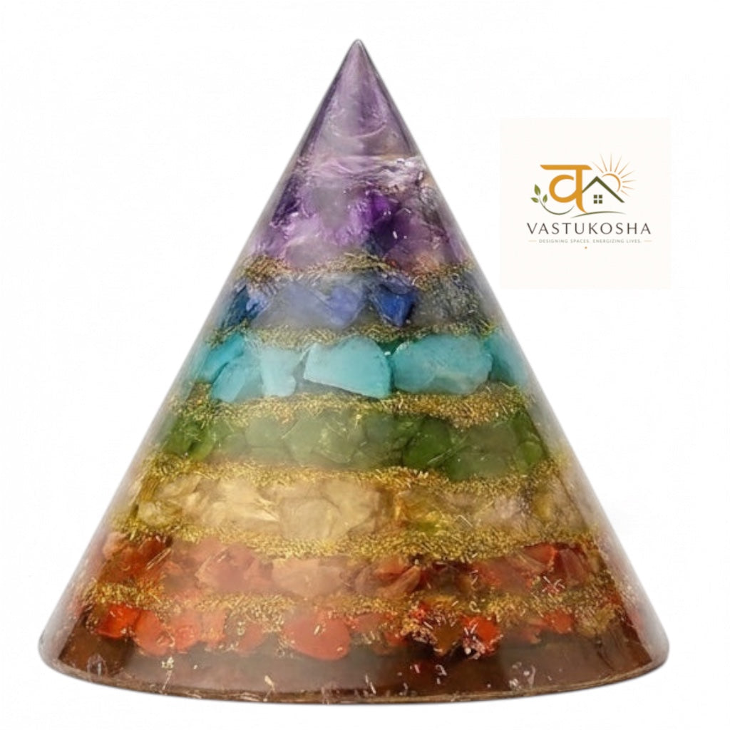 VASTUKOSHA 7 chakra conical pyramid featuring layered healing crystals for spiritual balance and energy grounding.