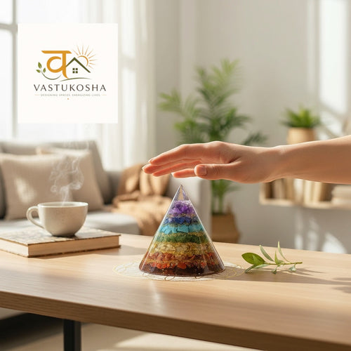 VASTUKOSHA 7 chakra conical pyramid with layered crystals on a wooden table with a hand hovering above for energy