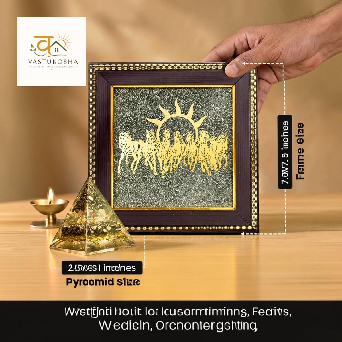 VASTUKOSHA 7 horses on raw pyrite frame and pyramid set for Vastu décor, featuring metallic gold and stone textures.