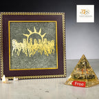 VASTUKOSHA 7 horses on raw pyrite frame with a matching pyrite money magnet pyramid for Vastu home and office decor.