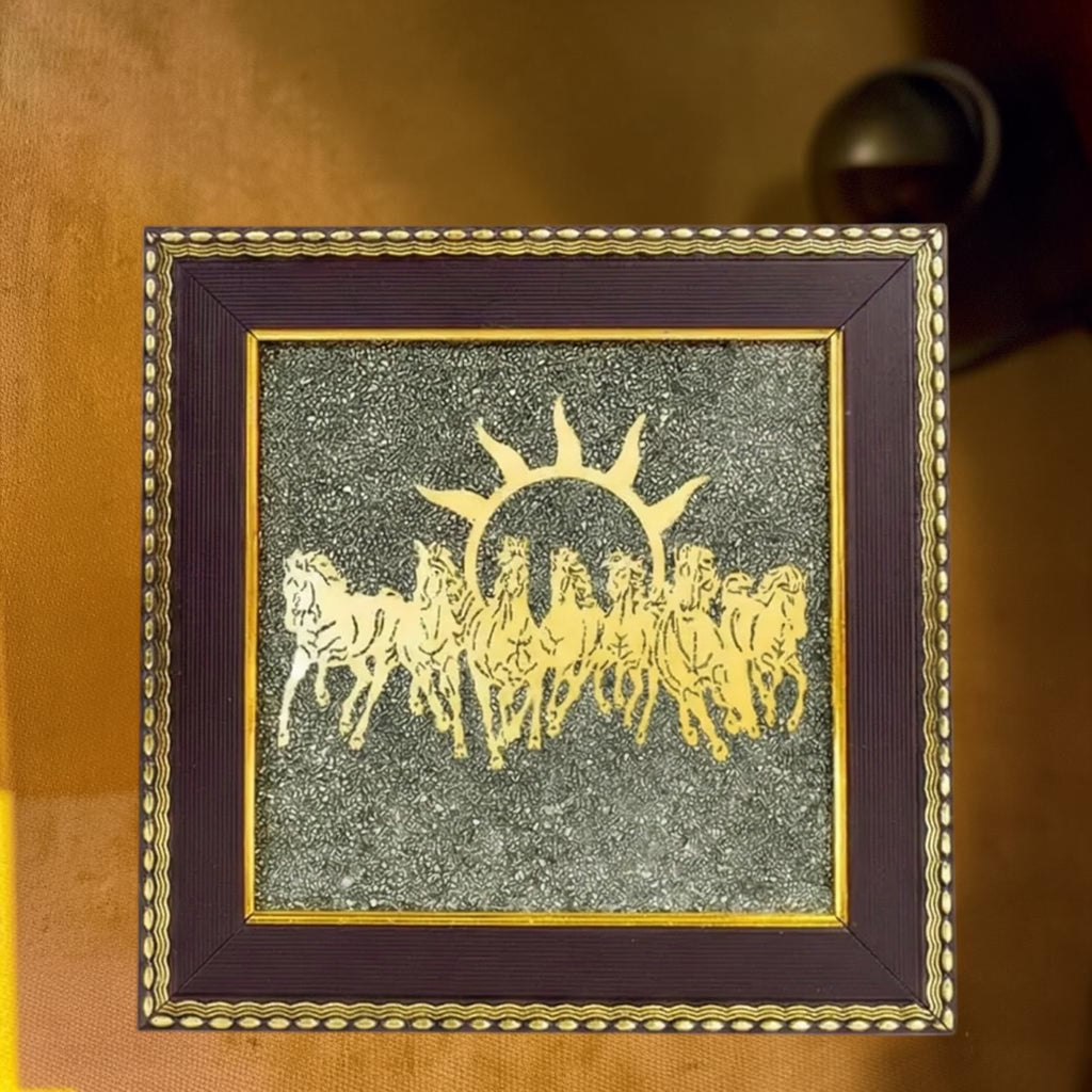 VASTUKOSHA Maha Ashtlakshmi Siddh 7 Horses frame featuring gold horse silhouettes on a textured raw pyrite background.