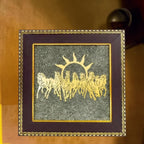 VASTUKOSHA Maha Ashtlakshmi Siddh 7 Horses frame featuring gold horse silhouettes on a textured raw pyrite background.
