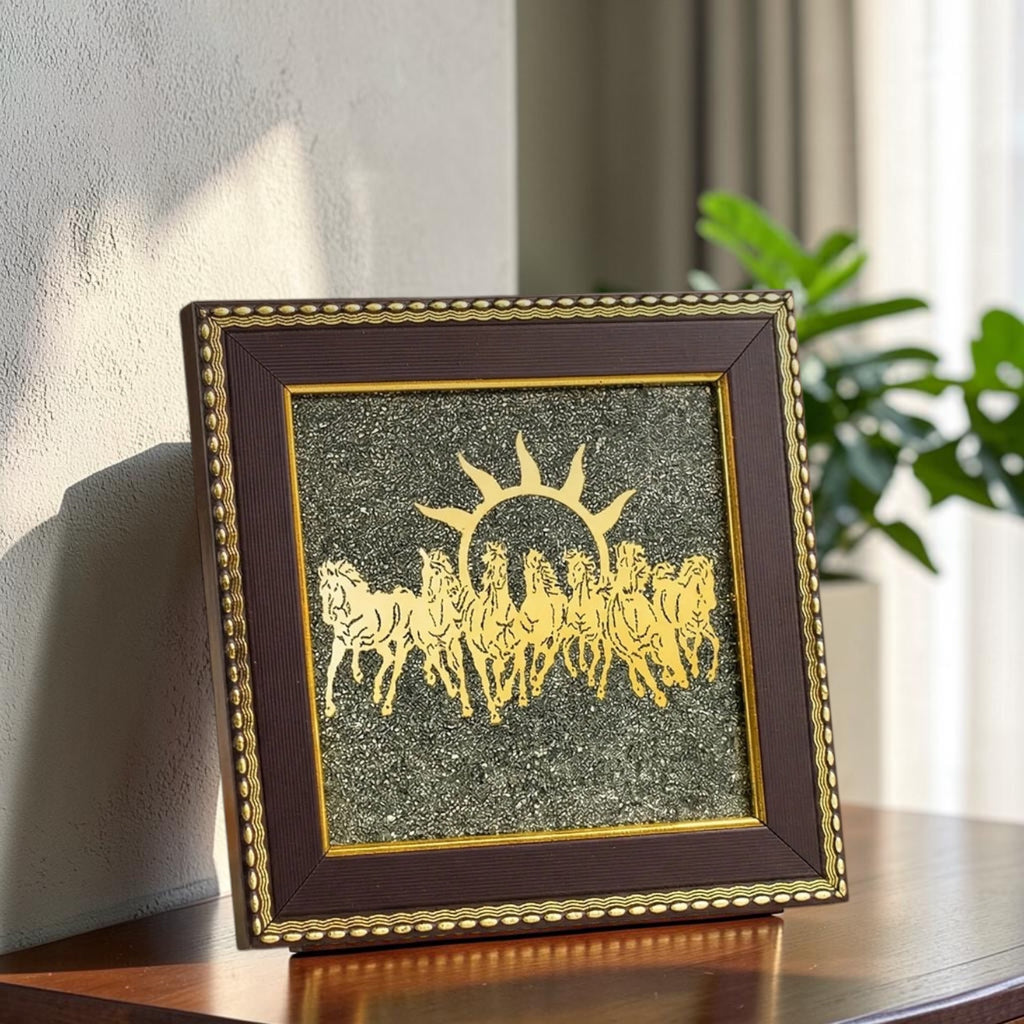 VASTUKOSHA Rinmukteshwar Siddh 7 horses wall frame featuring gold horse motifs on textured raw pyrite for Vastu success.