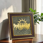 VASTUKOSHA Rinmukteshwar Siddh 7 horses wall frame featuring gold horse motifs on textured raw pyrite for Vastu success.