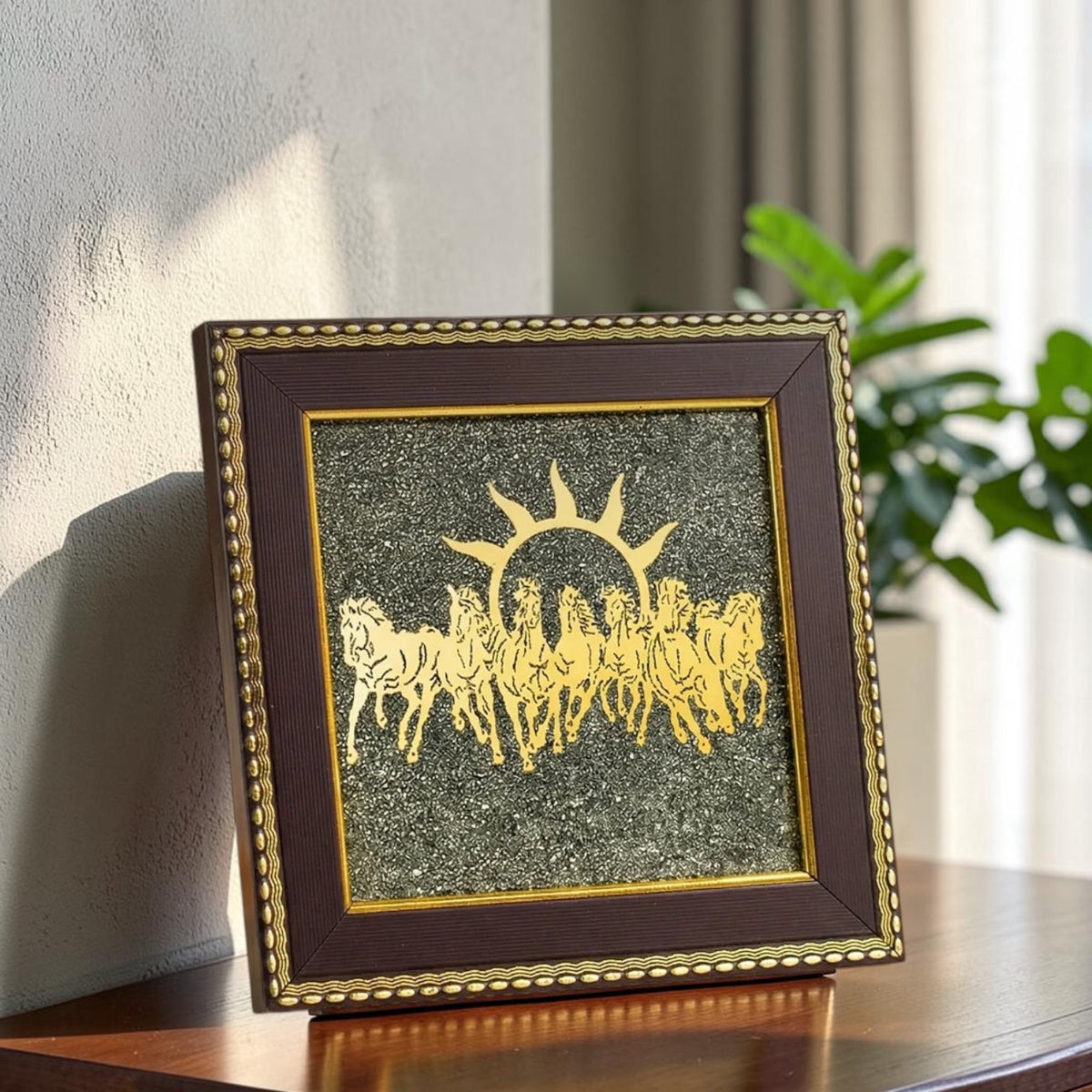 VASTUKOSHA Rinmukteshwar Siddh 7 horses wall frame featuring gold horse motifs on textured raw pyrite for Vastu success.