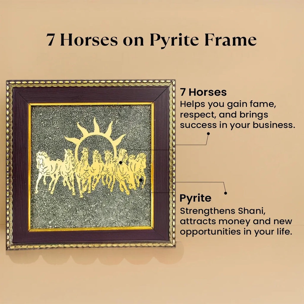 VASTUKOSHA Maha Ashtlakshmi Siddh 7 Horses frame featuring gold horse silhouettes on a raw pyrite background