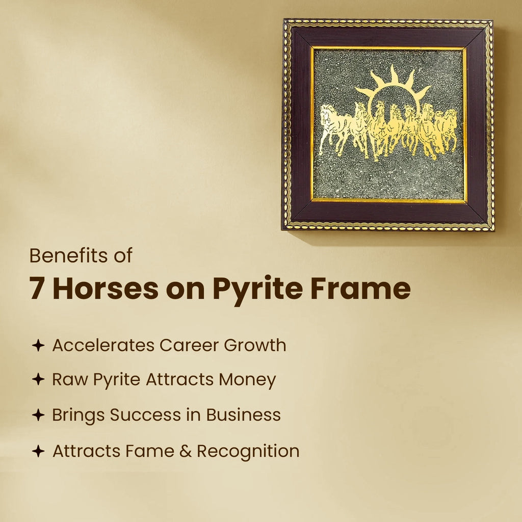 VASTUKOSHA Rishikesh Siddh 7 horses wall art on raw pyrite with a dark wooden frame for career growth and success