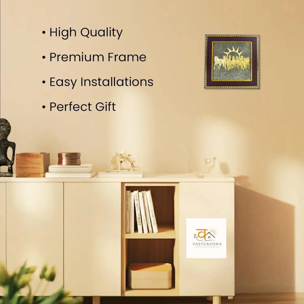 VASTUKOSHA Maha Ashtlakshmi Siddh 7 Horses wall frame with raw pyrite and gold accents displayed in a modern home.