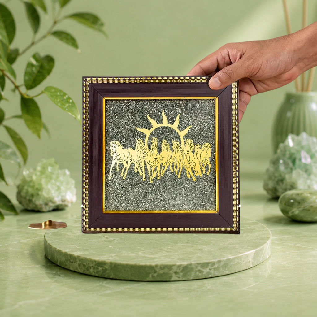VASTUKOSHA Rishikesh Siddh 7 horses wall frame featuring gold horses on raw pyrite for career success and Vastu growth.
