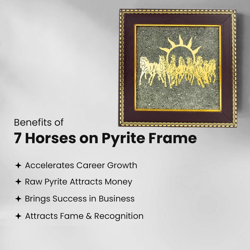 VASTUKOSHA Rinmukteshwar Siddh 7 horses wall frame featuring golden horse silhouettes on a textured raw pyrite base.