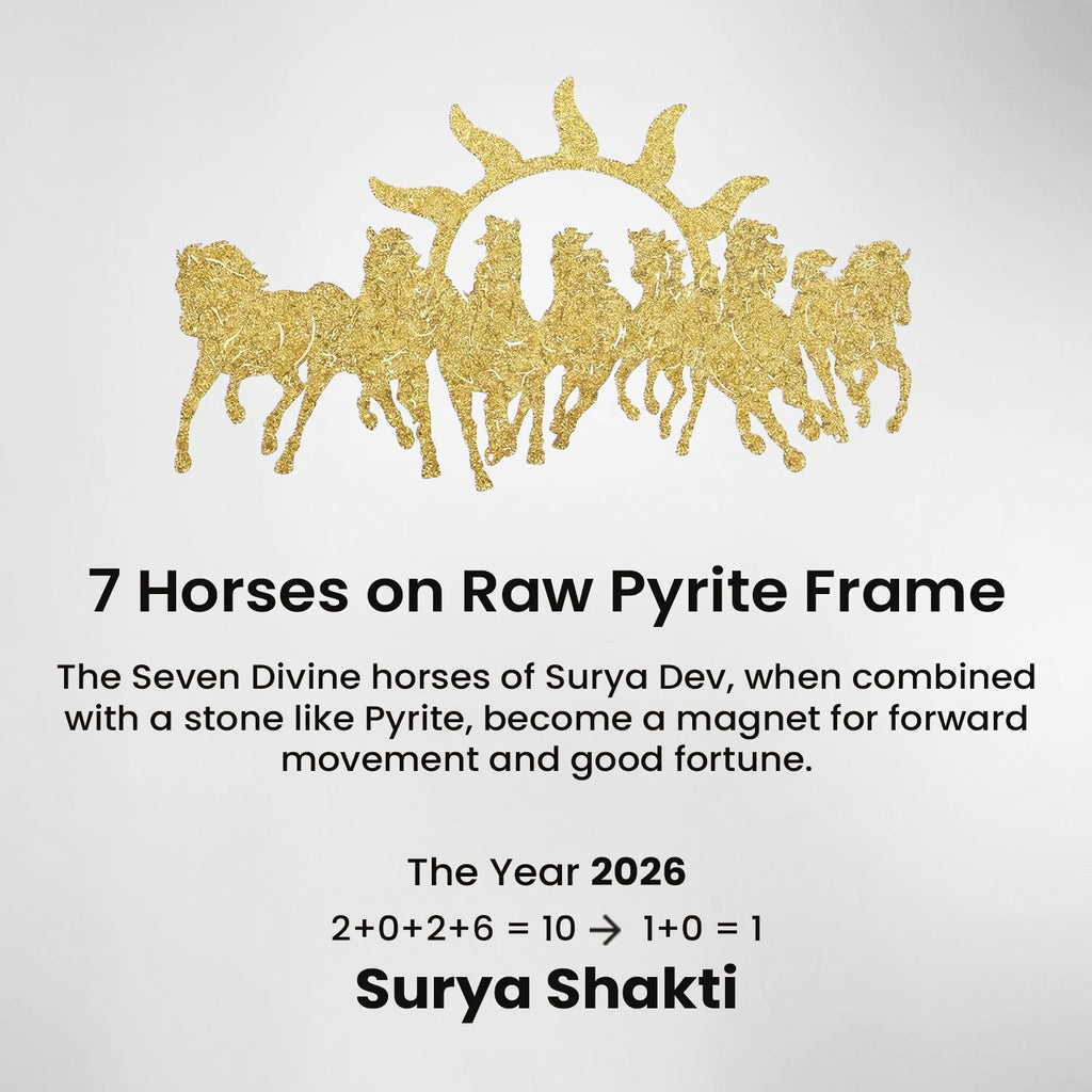 VASTUKOSHA Rinmukteshwar Siddh 7 horses wall art featuring golden horse silhouettes on a raw pyrite textured frame