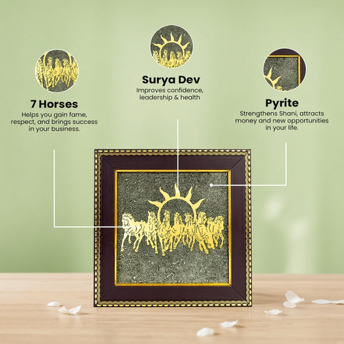 VASTUKOSHA 7 Horses on Raw Pyrite frame featuring gold horse silhouettes and metallic crystal texture for Vastu decor.