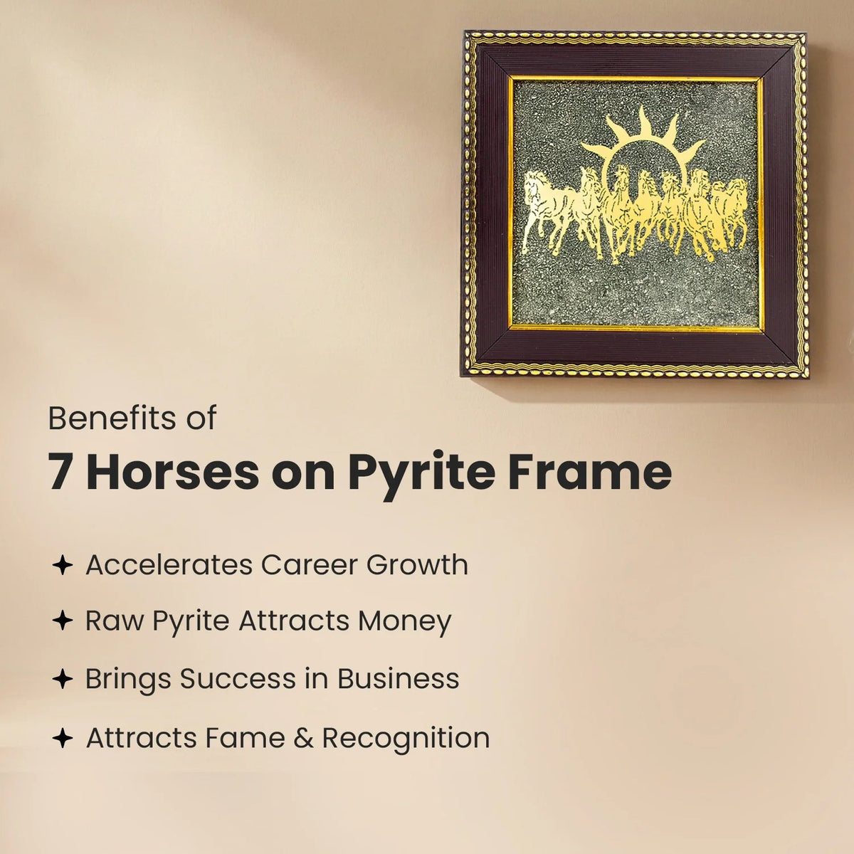 VASTUKOSHA 7 Horses on Raw Pyrite frame featuring a golden horse motif on a textured mineral background in a dark frame