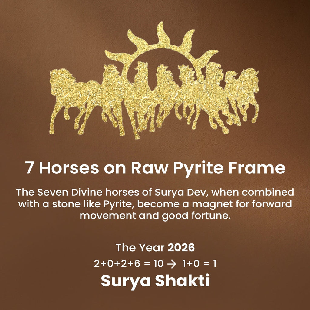 VASTUKOSHA 7 Horses on Raw Pyrite frame featuring golden horse silhouettes, symbolising prosperity and progress.