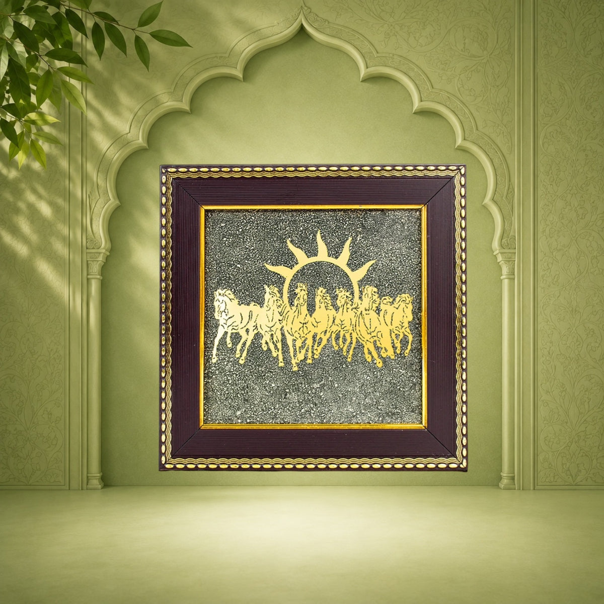 VASTUKOSHA Rishikesh Siddh 7 Horses wall frame featuring gold horses on raw pyrite for career growth and success.