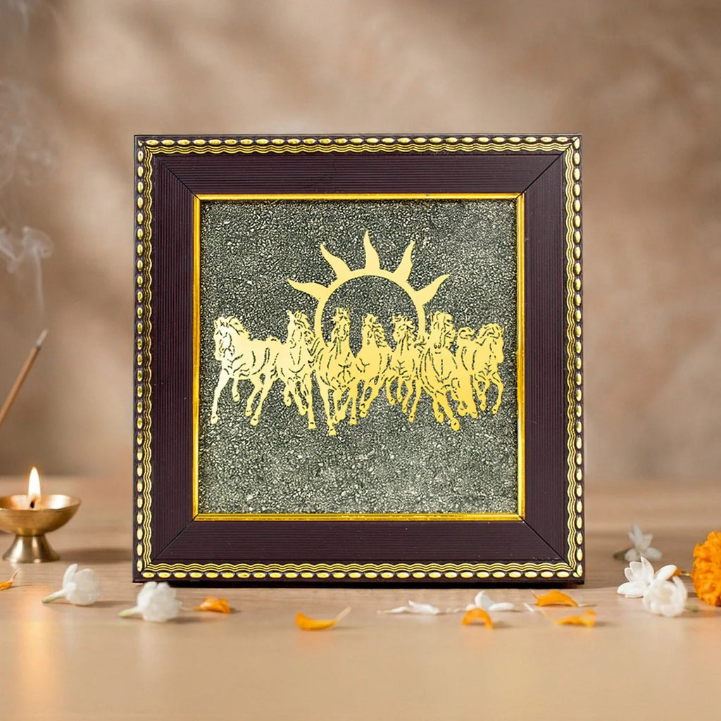 VASTUKOSHA 7 Horses on Raw Pyrite frame featuring a golden sun motif, ideal for Vastu-inspired office or home decor.