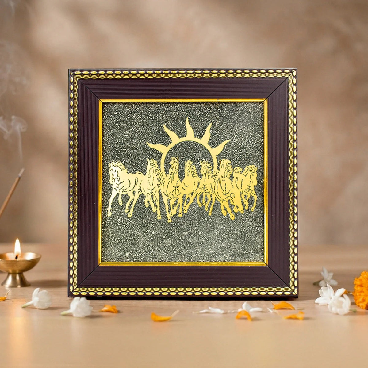 VASTUKOSHA 7 Horses on Raw Pyrite frame featuring a golden sun motif, ideal for Vastu-inspired office or home decor.