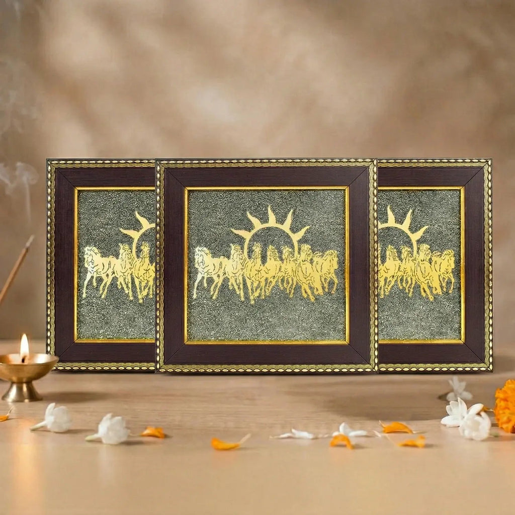 VASTUKOSHA 7 Horses on Raw Pyrite frame featuring gold-toned horses and sun symbol for Vastu-inspired home decor.