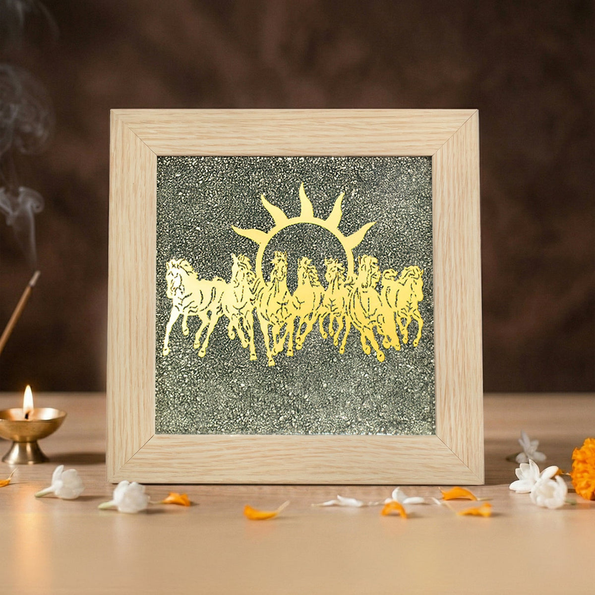 VASTUKOSHA 7 Horses on Raw Pyrite frame featuring a gold horse motif and sun symbol in a light wood square frame