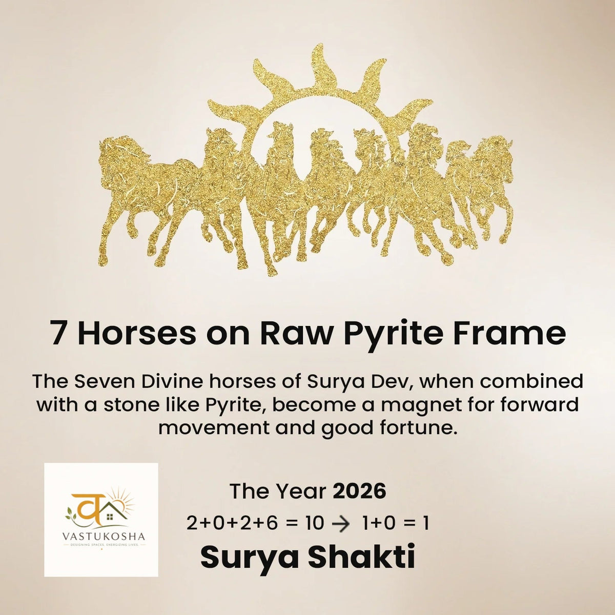VASTUKOSHA 7 Horses on Raw Pyrite Frame featuring golden horse silhouettes and Surya Dev symbolism for Vastu decor.