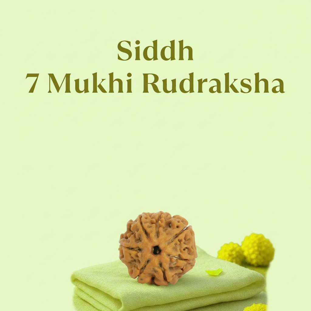 VASTUKOSHA 7 Mukhi Nepal origin Rudraksha bead resting on a soft green cloth for spiritual practice.