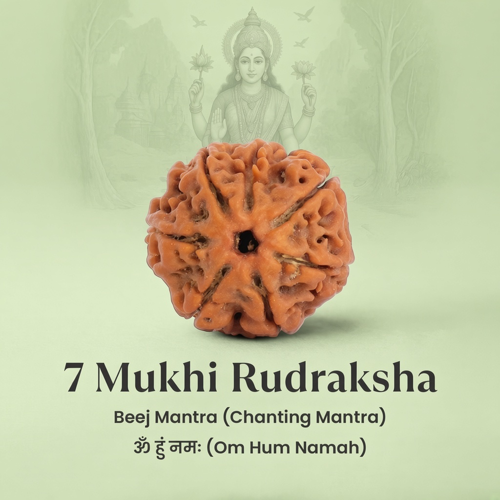 VASTUKOSHA 7 Mukhi Nepal origin Rudraksha bead with natural brown texture, presented with Maa Lakshmi illustration