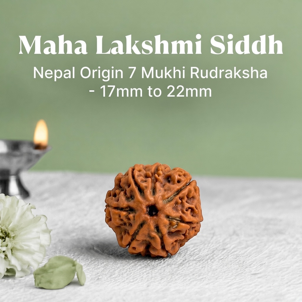 VASTUKOSHA 7 Mukhi Nepal origin Rudraksha bead for spiritual practice, featuring natural texture and brown surface.