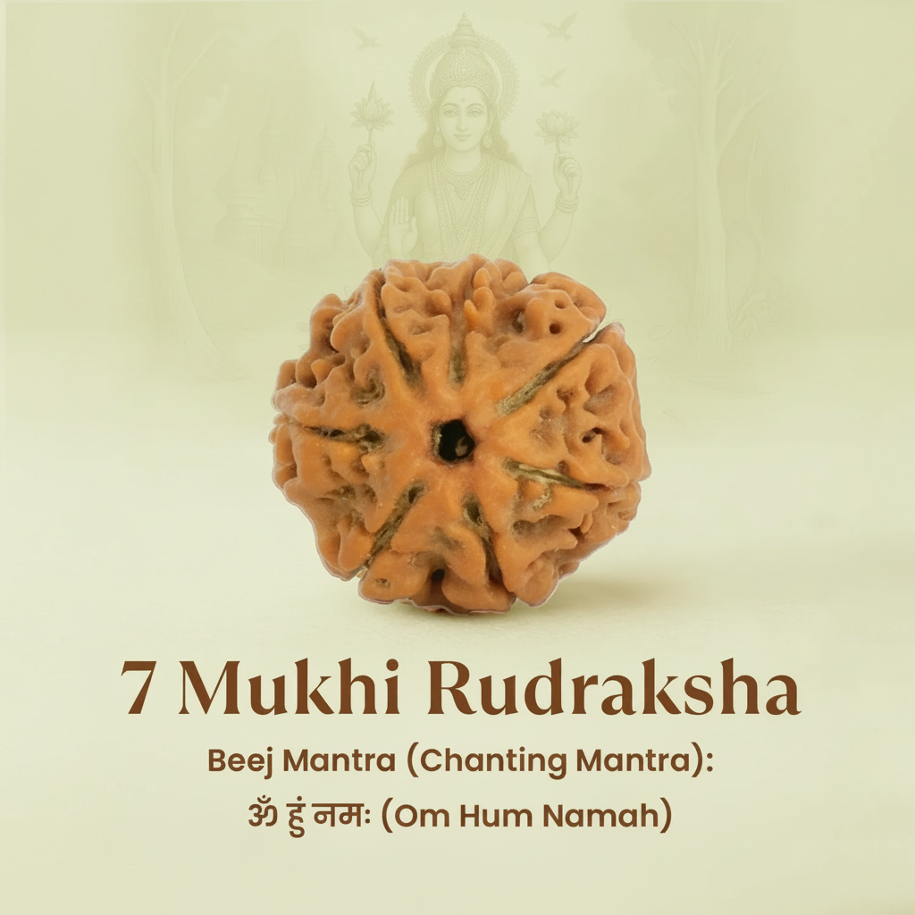 VASTUKOSHA 7 Mukhi Nepal origin Rudraksha bead with natural brown texture for spiritual meditation and prayer.