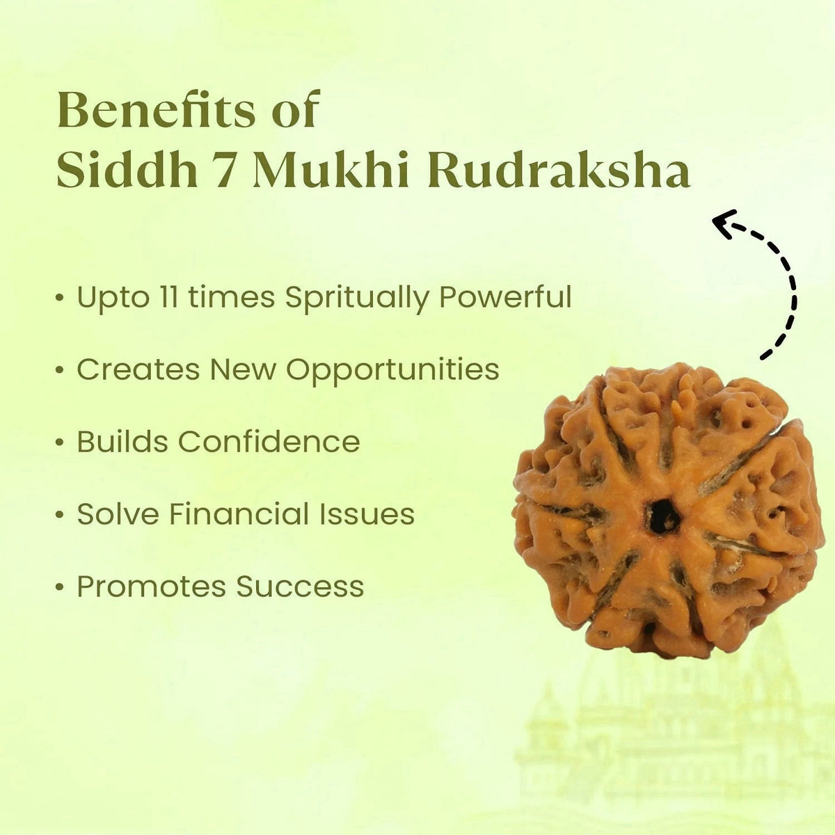 VASTUKOSHA 7 Mukhi Nepal Rudraksha bead with seven natural faces, displayed on a light green informational background.