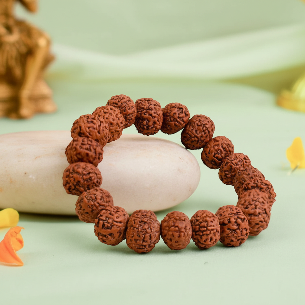 VASTUKOSHA 7 Mukhi Rudraksha bead bracelet for spiritual practice and meditation on a light green background.