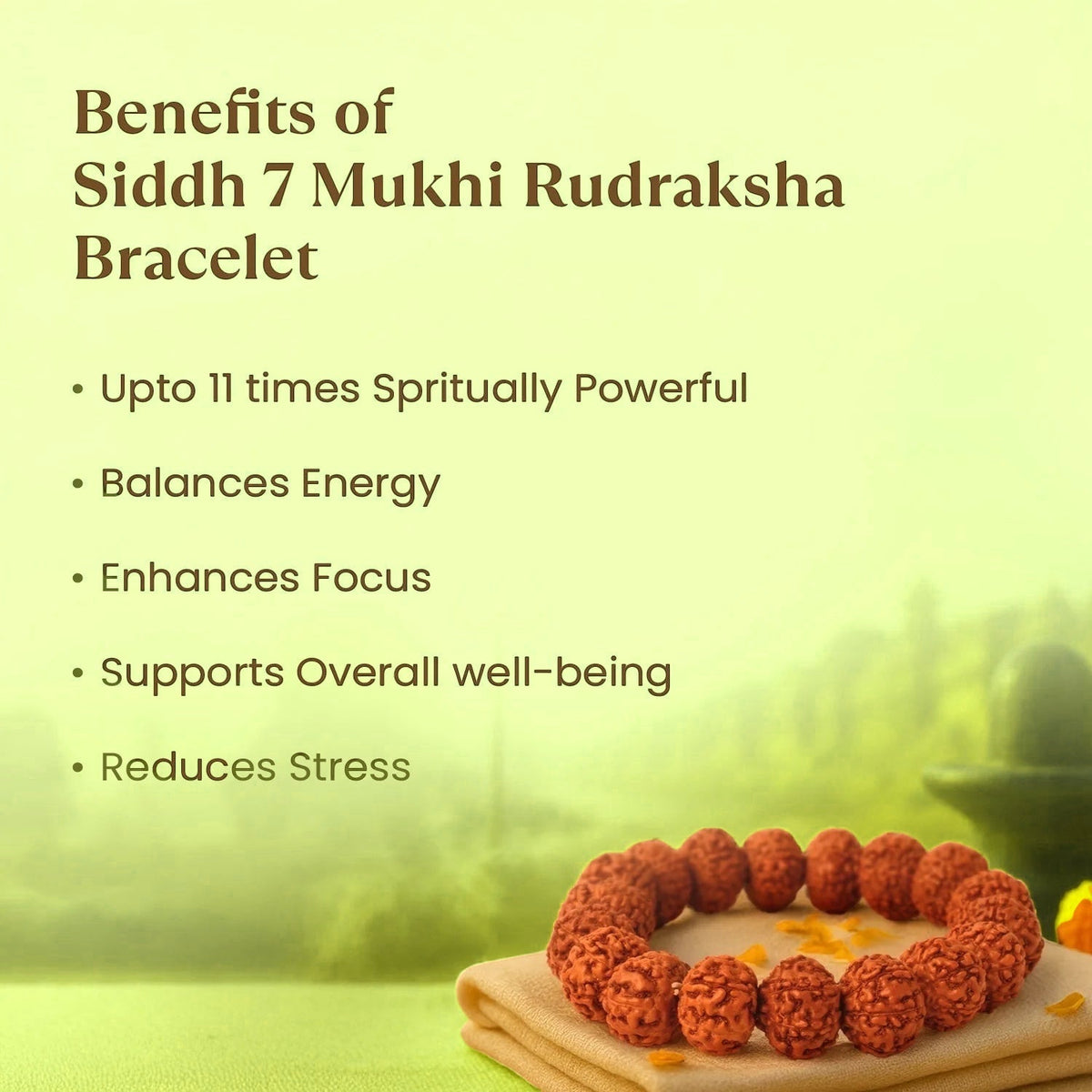 VASTUKOSHA Siddh 7 Mukhi Rudraksha bracelet on a cloth, promoting spiritual benefits like stress reduction and focus.