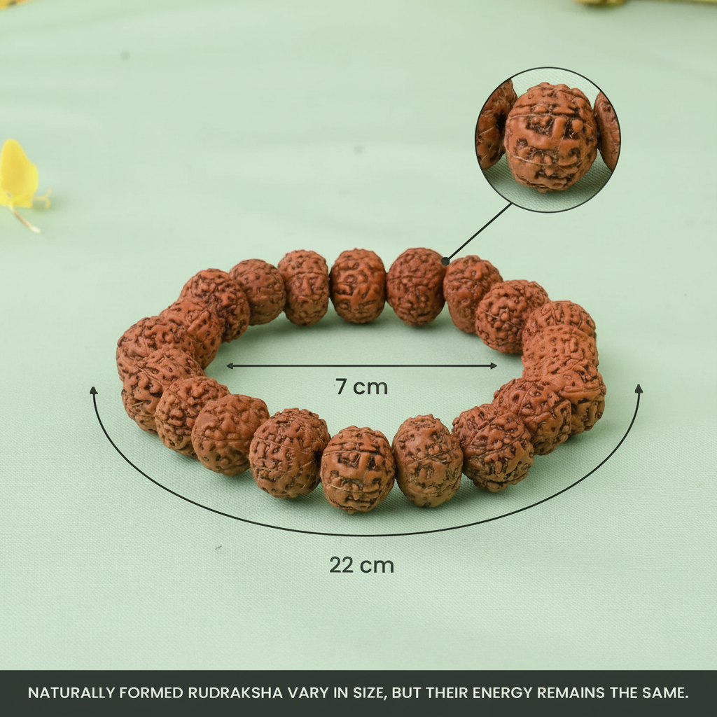 VASTUKOSHA 7 Mukhi Rudraksha bracelet with natural brown beads, showing size dimensions on a light green background.
