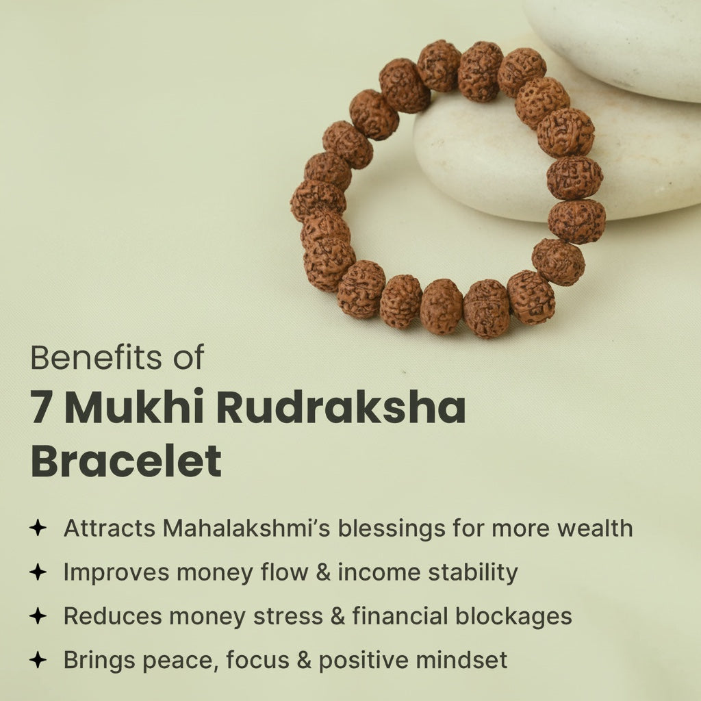 VASTUKOSHA 7 Mukhi Rudraksha bracelet featuring natural brown Nepal-origin beads for spiritual practice and meditation.