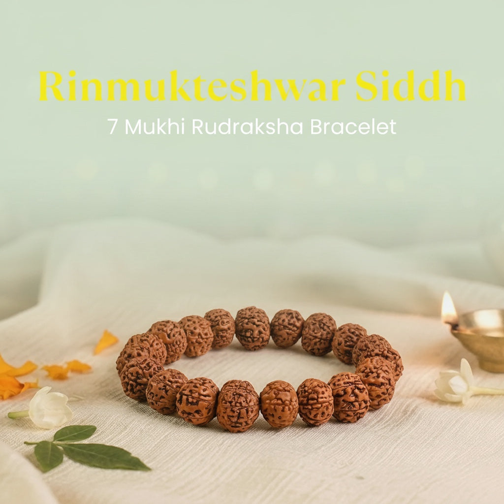 VASTUKOSHA 7 Mukhi Rudraksha bracelet with natural brown beads on a white cloth with a small oil lamp and flowers