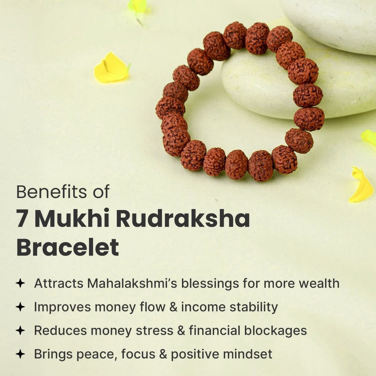 VASTUKOSHA 7 Mukhi Rudraksha bead bracelet for wealth and prosperity, displayed on a stone with flower petals