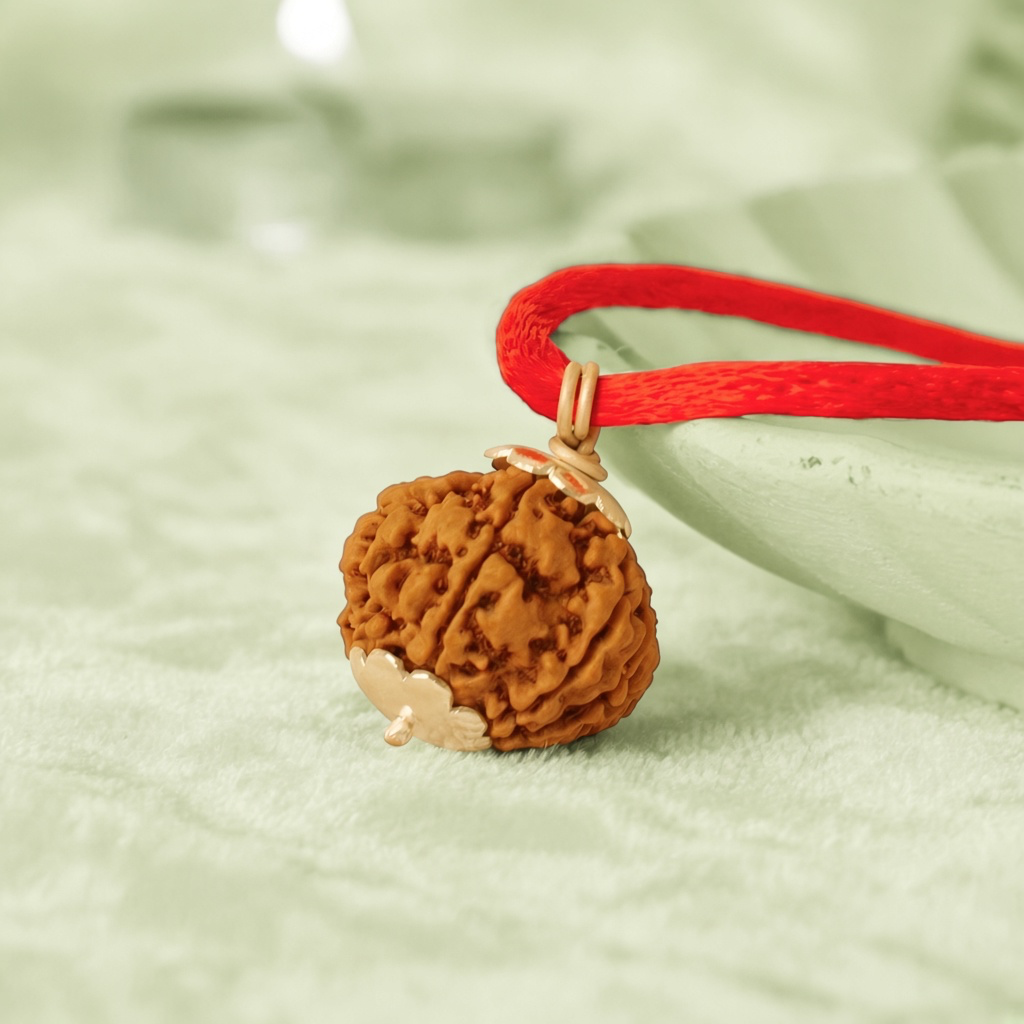 VASTUKOSHA 7 Mukhi Nepal origin Rudraksha bead pendant with gold-tone cap on a red cord for spiritual practice.