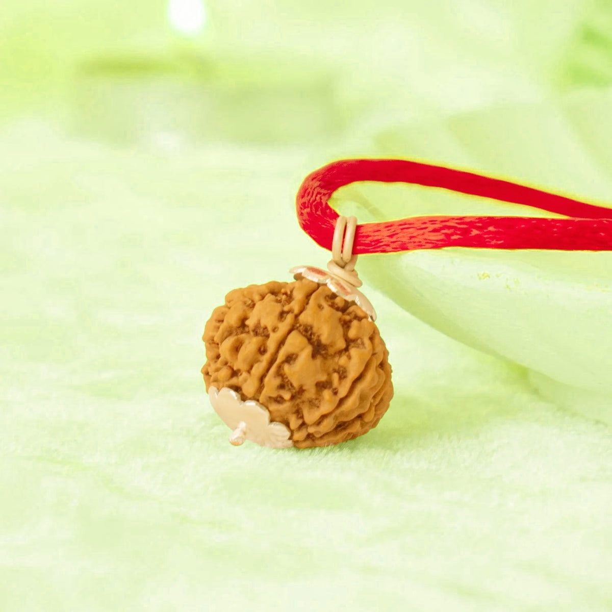 VASTUKOSHA 7 Mukhi Nepal origin Rudraksha bead pendant on a red thread, featuring natural texture and silver caps.